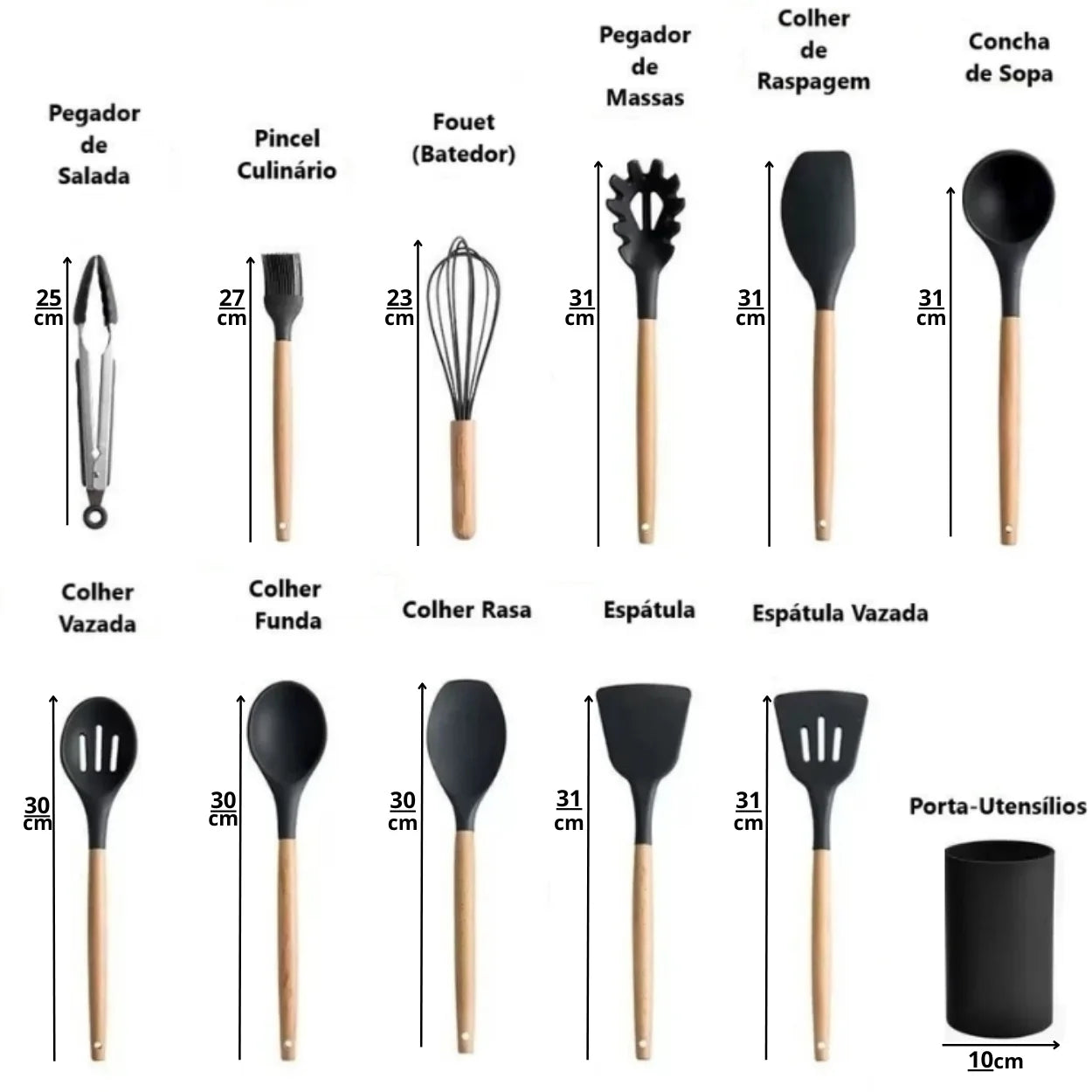 Kit 12 Utensílios de Cozinha em Silicone e Cabo de Madeira