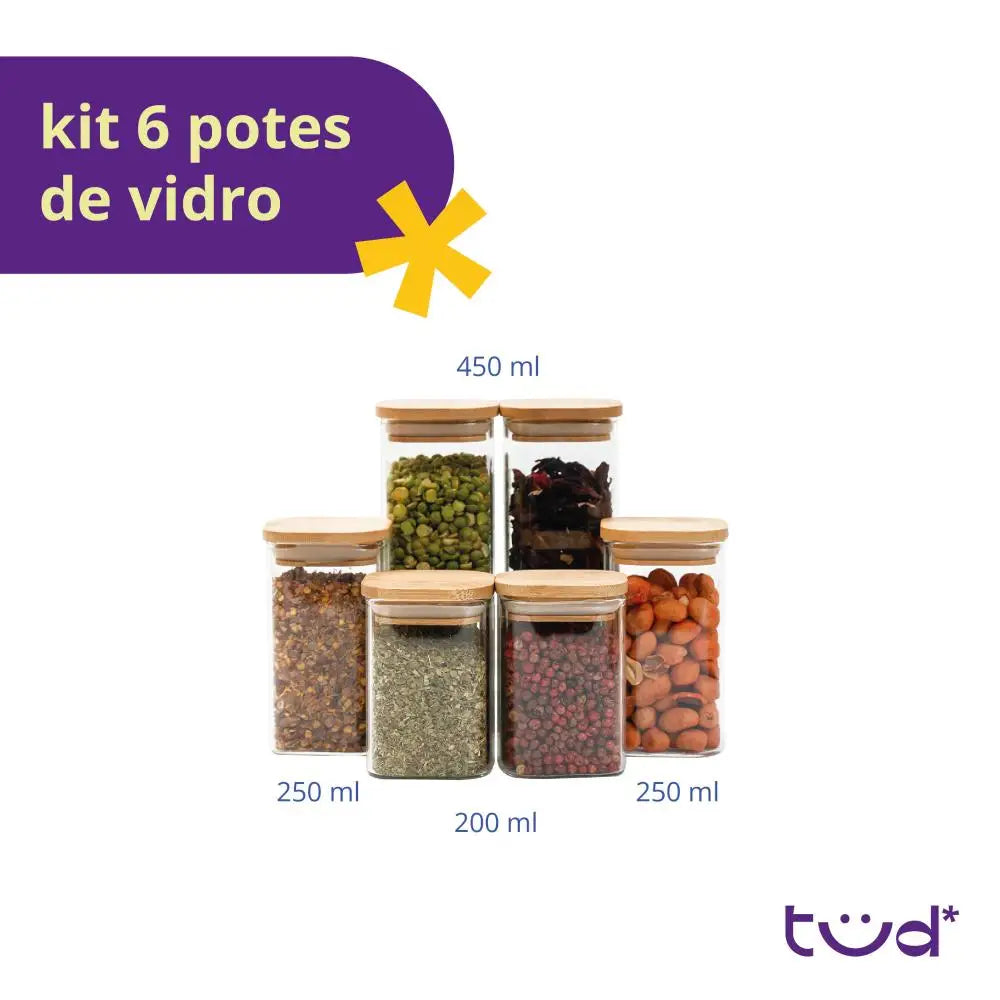 Kit 6 potes de vidro quadrados com tampa de bambu